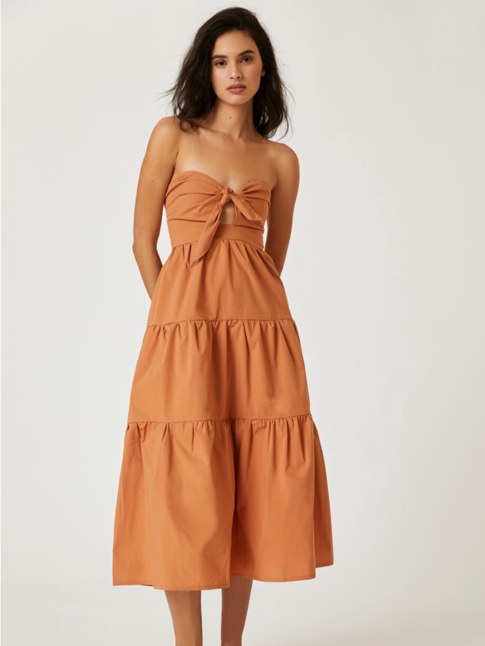 NWT Anthropologie Blue Tassel Strapless Tie Front Midi Dress Dark Orange Sz S